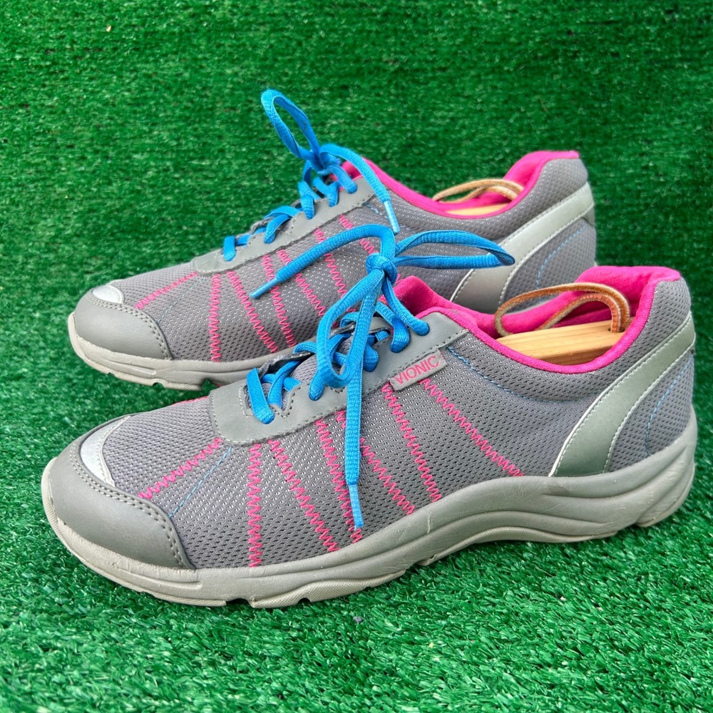 Vionic Alliance Walking Shoes Grey Pink Blue Mesh Orthotic Sneakers Womens 8 W‎